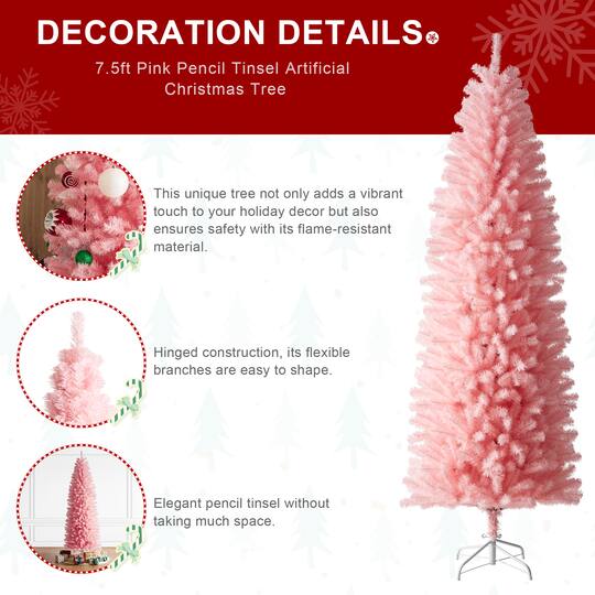 7.5ft. Unlit Pink Pencil Tinsel Artificial Christmas Tree
